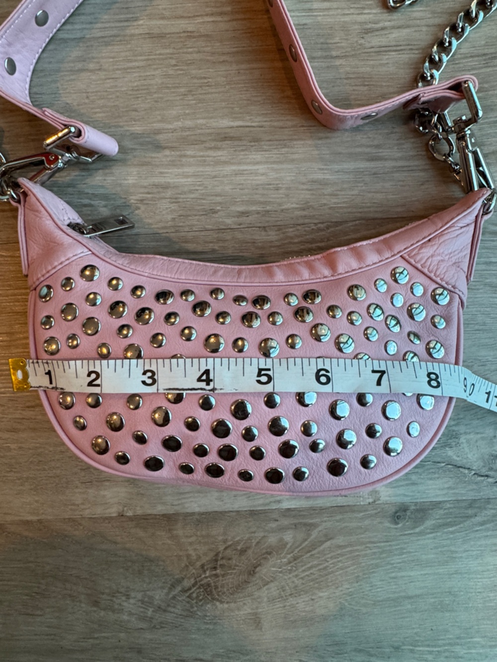 Núnoo Pluto Rivet Silky Pink Leather Crescent Studded Shoulder Bag Y2K - Picture 2 of 13